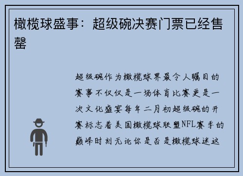 橄榄球盛事：超级碗决赛门票已经售罄